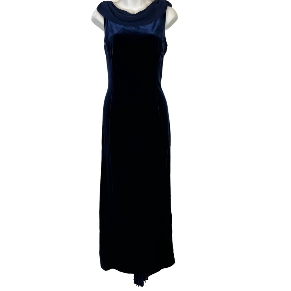 COLDWATER CREEK Navy Blue Velvet Sleeveless Formal Chiffon Pleated Back Dress 12